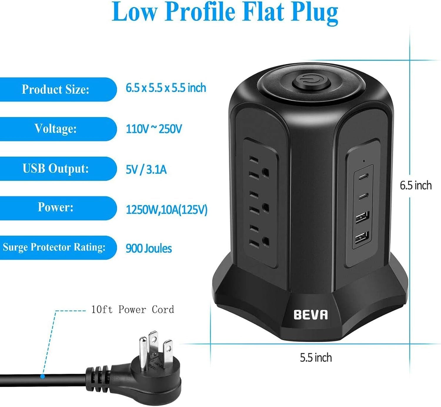 Power Strip Tower Surge Protector  10Ft Flat Plug Desktop Charging Station 9 AC Outlets 4 USB Ports, 900 Joules, Long Extension Cord for Home Office Appliances Smartphones Computer Tablets(Black)